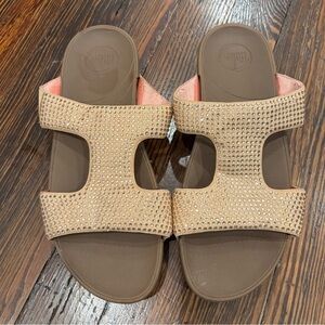 Fitflop Rhinestone Marli Slide Sandal Beige Vintage Gold Women’s Size 9